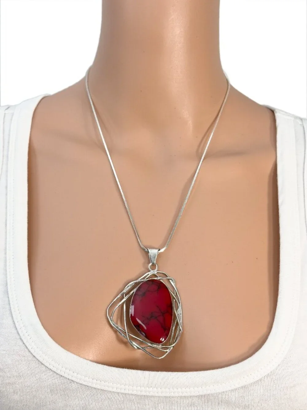 Mexican Red Jasper Sterling Silver Wire Pendant Italian 925 FAS Chain Necklace